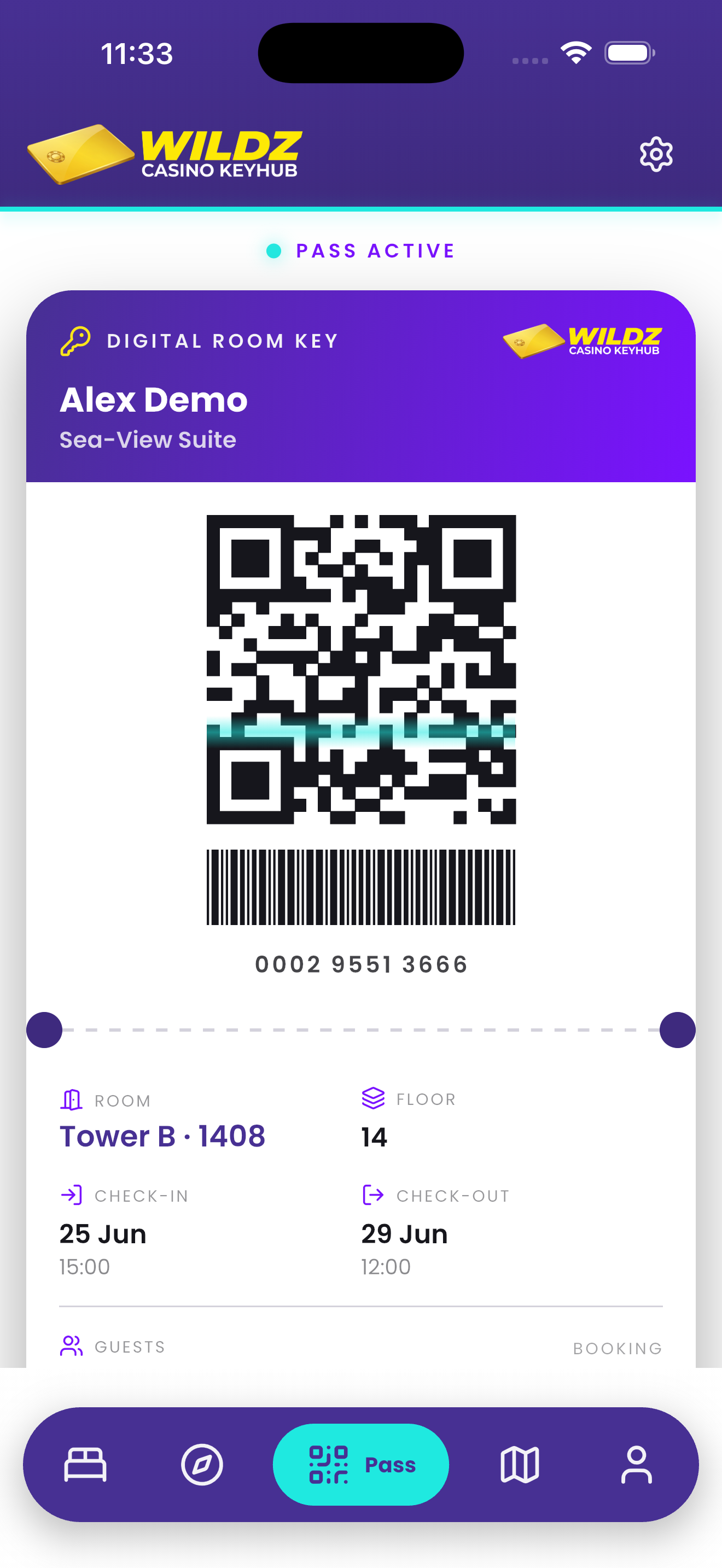 Digital pass screen with QR and barcode