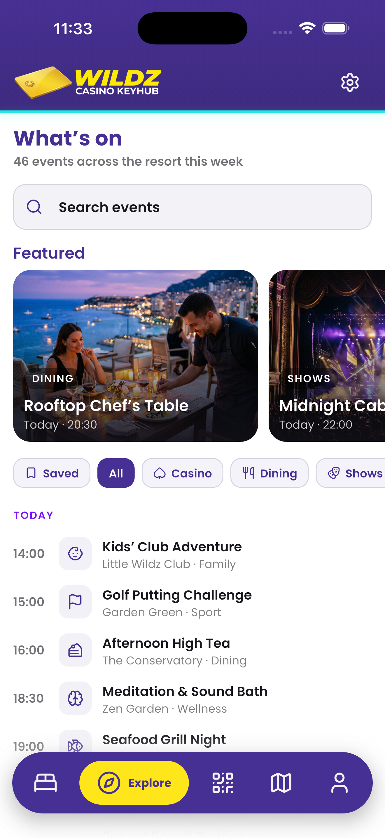 What's on — resort events screen